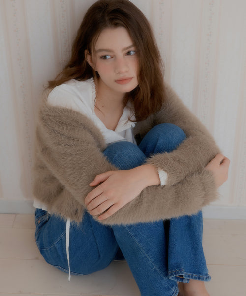 Hairy Deep V-Neck Cardigan (Khaki Brown)