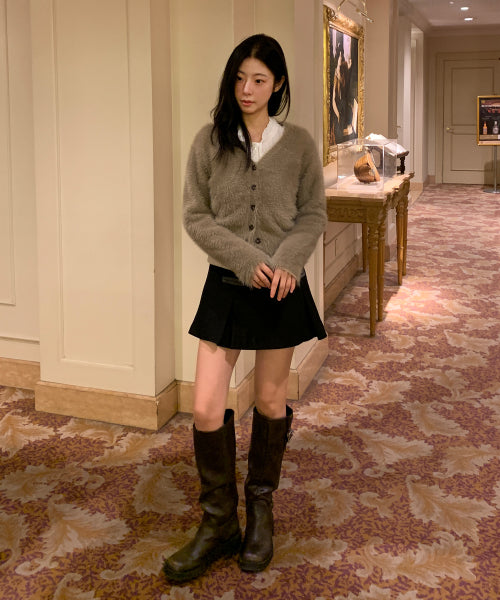 Hairy Deep V-Neck Cardigan (Khaki Brown)