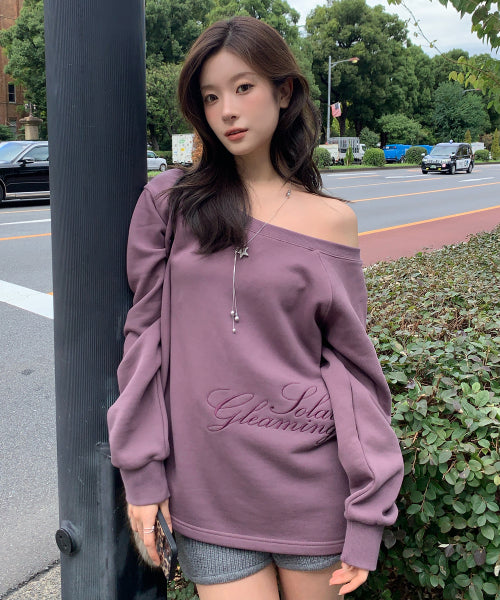 Zenk One Shoulder Embroidered Sweatshirt (Purple)