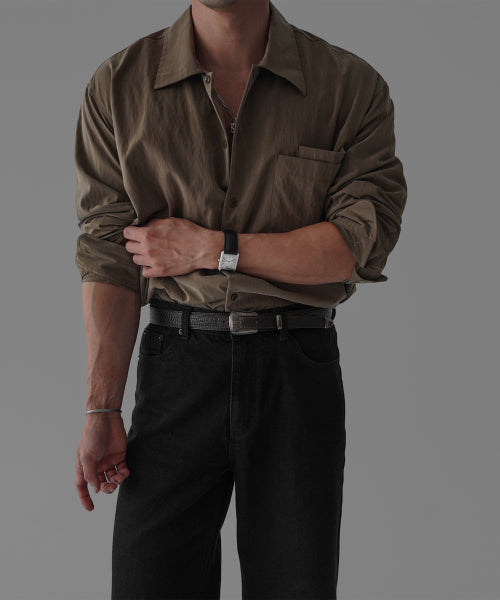 TEXTURED CONVERTIBLE COLLAR SHIRT [MOCHA]