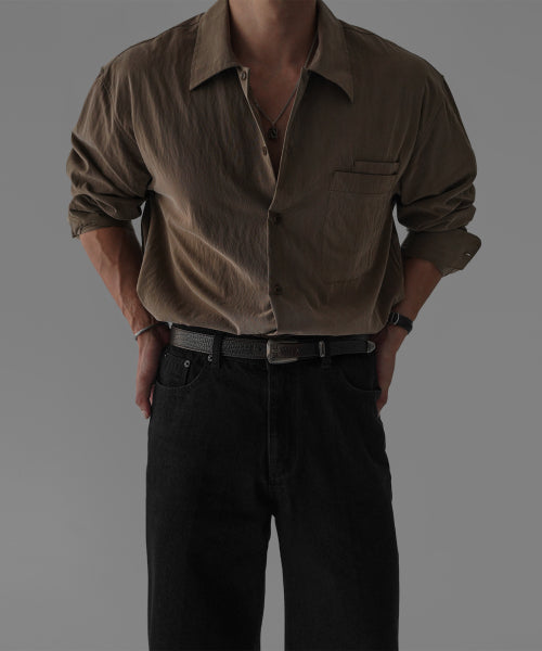TEXTURED CONVERTIBLE COLLAR SHIRT [MOCHA]