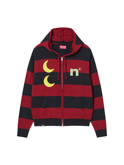 STRIPE KNIT ZIP-UP HOODIE RED