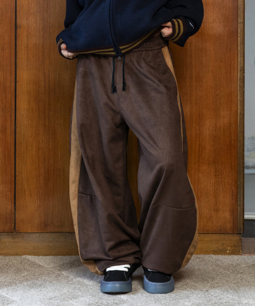 GP175 Side Color Block Suede Balloon Pants (BROWN)