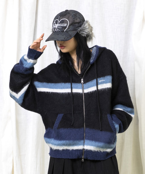 GNT061 Stripe Knitwear Zip-Up Hoodie (BLACK)