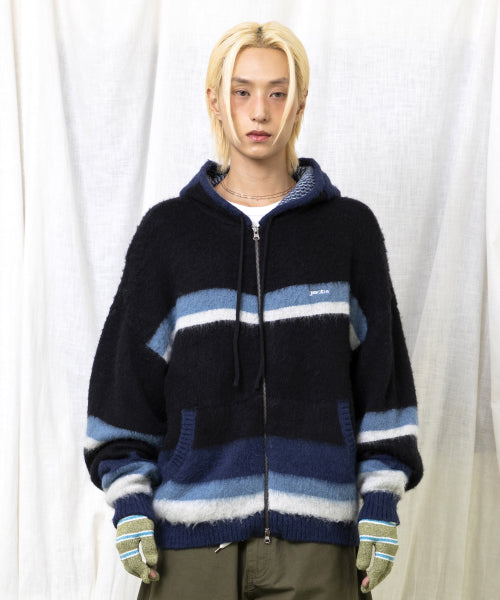 GNT061 Stripe Knitwear Zip-Up Hoodie (BLACK)