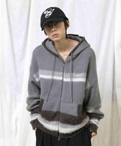 GNT061 Stripe Knitwear Zip-Up Hoodie (GRAY)