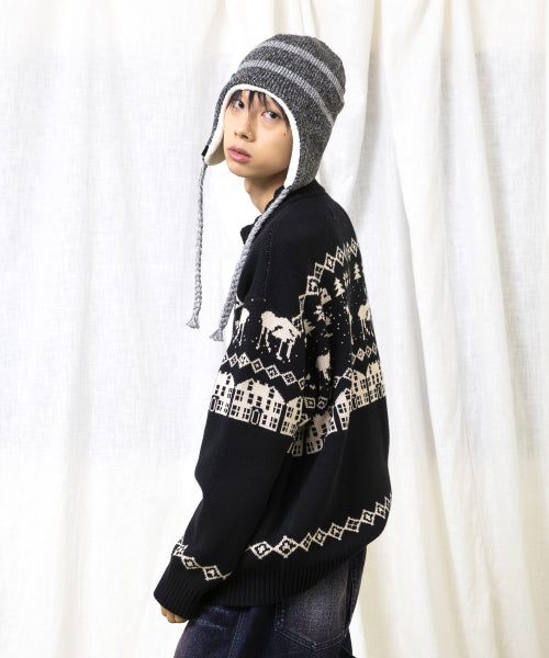GNT071 Kevin Nordic Patterned Knitwear Zip-Up (BLACK)
