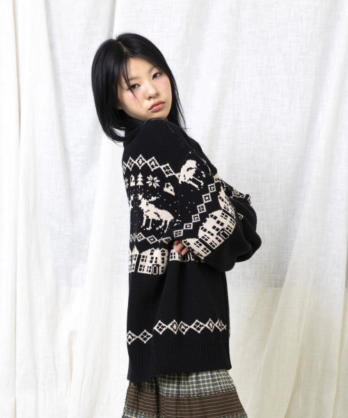 GNT071 Kevin Nordic Patterned Knitwear Zip-Up (BLACK)