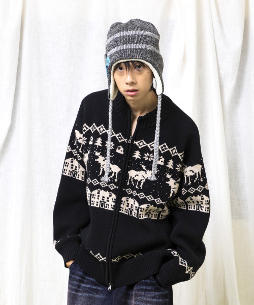 GNT071 Kevin Nordic Patterned Knitwear Zip-Up (BLACK)