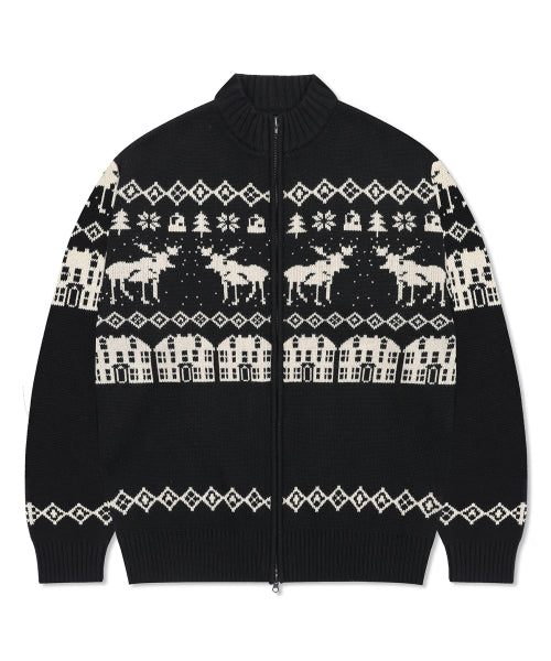 GNT071 Kevin Nordic Patterned Knitwear Zip-Up (BLACK)