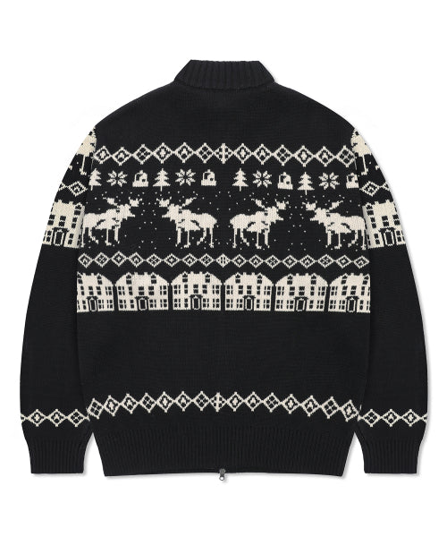 GNT071 Kevin Nordic Patterned Knitwear Zip-Up (BLACK)