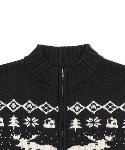 GNT071 Kevin Nordic Patterned Knitwear Zip-Up (BLACK)