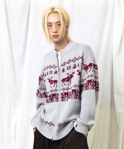 GNT071 Kevin Nordic Patterned Knitwear Zip-Up (GRAY)