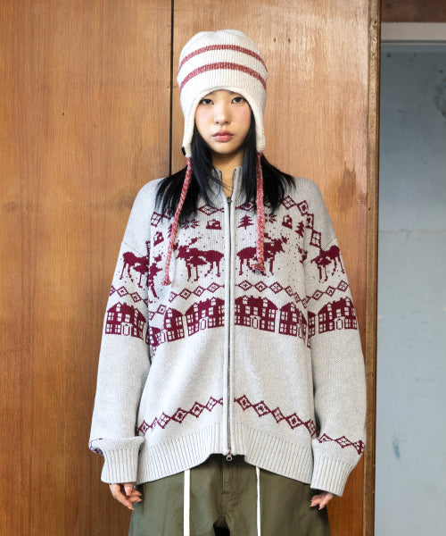 GNT071 Kevin Nordic Patterned Knitwear Zip-Up (GRAY)