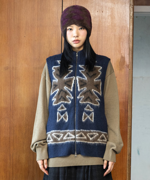 GNT065 Ugly Navajo Zip-Up Knitwear Vest (NAVY)