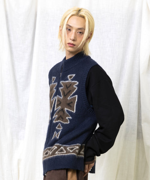 GNT065 Ugly Navajo Zip-Up Knitwear Vest (NAVY)