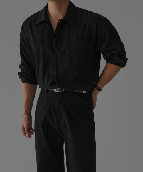 TEXTURED CONVERTIBLE COLLAR SHIRT [BLACK]