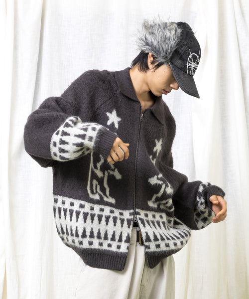GNT062 Turtleneck Bear COWICHAN Knit Zip-Up (BROWN)