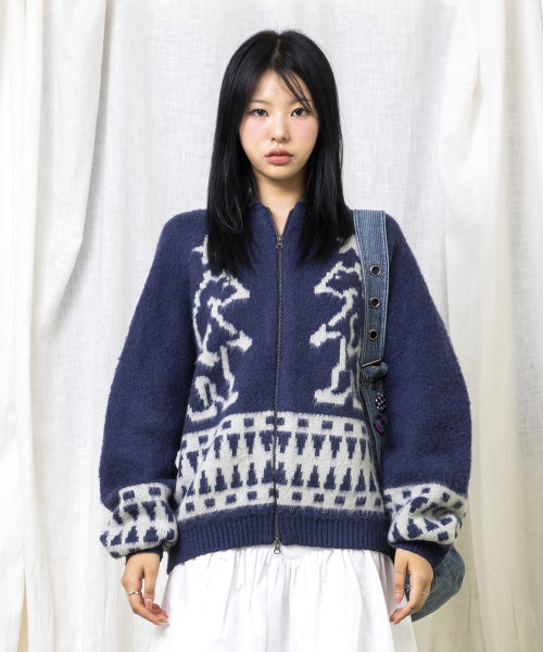 GNT062 Turtleneck Bear Cowichan Knitwear Zip-up (NAVY)