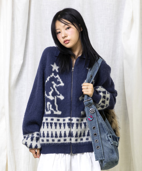 GNT062 Turtleneck Bear Cowichan Knitwear Zip-up (NAVY)