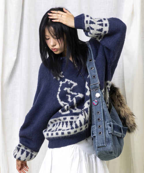GNT062 Turtleneck Bear Cowichan Knitwear Zip-up (NAVY)