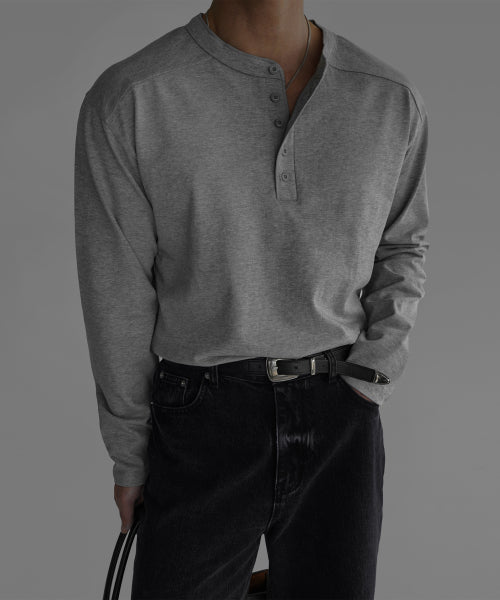 PANEL HENLEY NECK LONG SLEEVE T-SHIRT [GRAY]