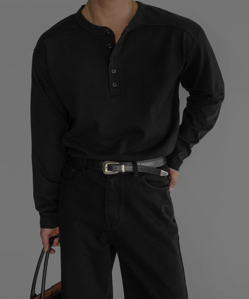 PANEL HENLEY NECK LONG SLEEVE T-SHIRT [BLACK]