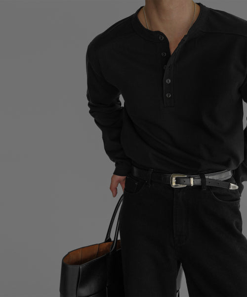 PANEL HENLEY NECK LONG SLEEVE T-SHIRT [BLACK]