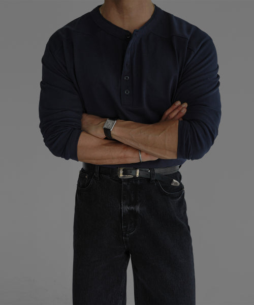 PANEL HENLEY NECK LONG SLEEVE T-SHIRT [NAVY]