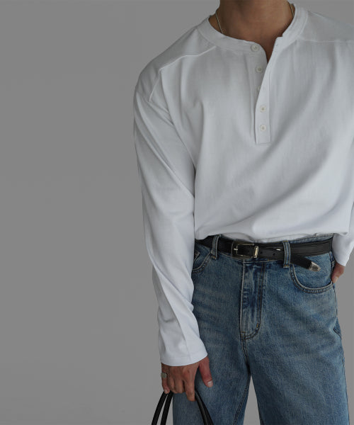 PANEL HENLEY NECK LONG SLEEVE T-SHIRT [IVORY]