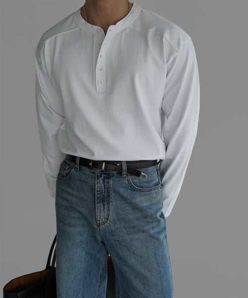PANEL HENLEY NECK LONG SLEEVE T-SHIRT [IVORY]
