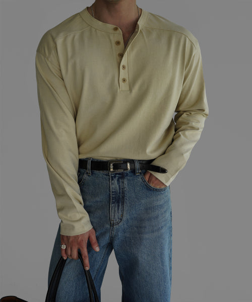 PANEL HENLEY NECK LONG SLEEVE T-SHIRT [BUTTER BEIGE]