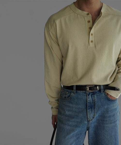 PANEL HENLEY NECK LONG SLEEVE T-SHIRT [BUTTER BEIGE]