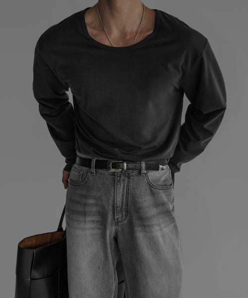 COTTON U NECK LONG SLEEVE T-SHIRT [CHARCOAL]
