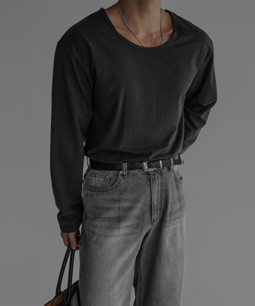 COTTON U NECK LONG SLEEVE T-SHIRT [CHARCOAL]