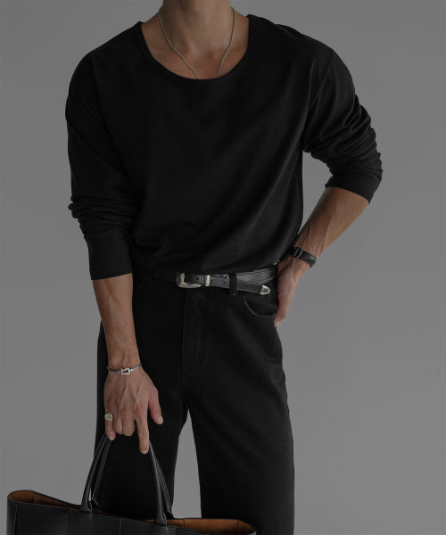 COTTON U NECK LONG SLEEVE T-SHIRT [BLACK]