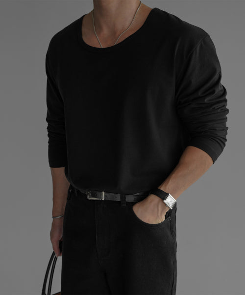 COTTON U NECK LONG SLEEVE T-SHIRT [BLACK]