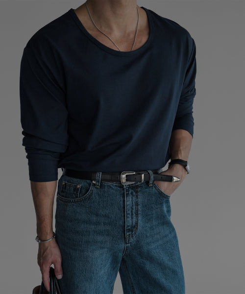 COTTON U NECK LONG SLEEVE T-SHIRT [NAVY]