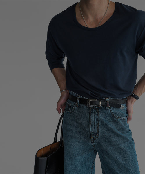 COTTON U NECK LONG SLEEVE T-SHIRT [NAVY]