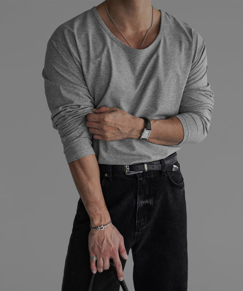 COTTON U NECK LONG SLEEVE T-SHIRT [GRAY]