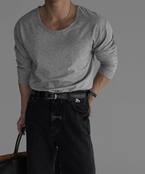 COTTON U NECK LONG SLEEVE T-SHIRT [GRAY]
