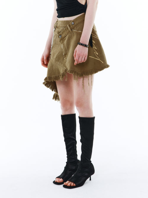 ASYMMETRIC CUT-OFF COTTON SKIRT BROWN