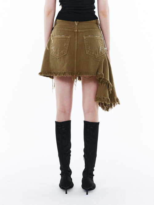 ASYMMETRIC CUT-OFF COTTON SKIRT BROWN