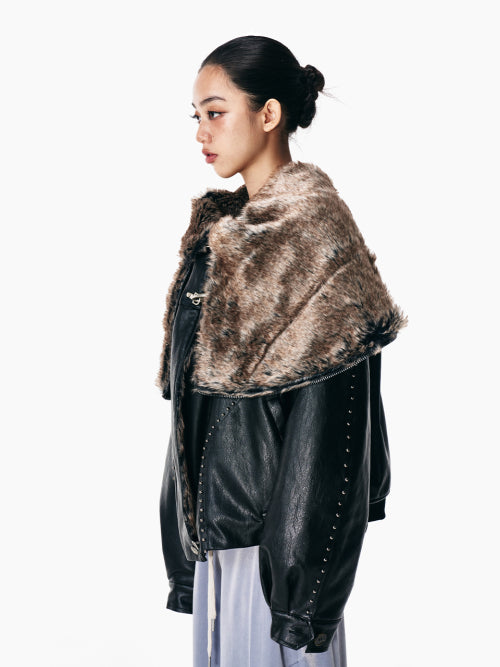 FOLD-OUT HOODIE SHAWL FUR JACKET BLACK