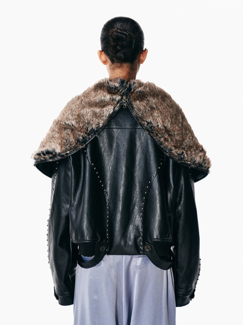 FOLD-OUT HOODIE SHAWL FUR JACKET BLACK
