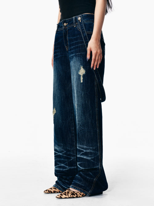 CROSS STRAP FADED DENIM PANTS BLUE