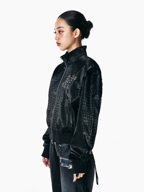 FAUX CROCODILE LEATHER WINGED JACKET BLACK