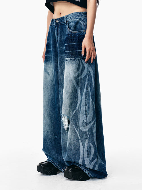 DAMAGED WASHED BALLOON DENIM PANTS BLUE