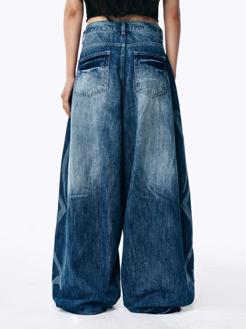 DAMAGED WASHED BALLOON DENIM PANTS BLUE