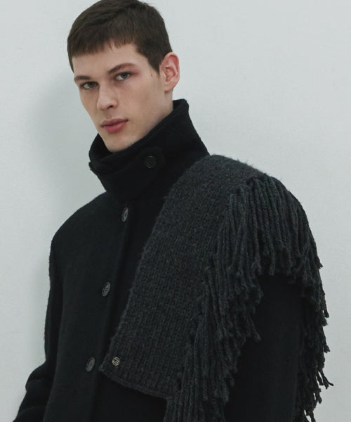 HANDMADE Fringe Knit Muffler / Charcoal